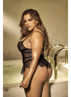 Body noir grande taille en résille et dentelle - MAL8707XBLK